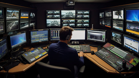 a man sitting at a desk with multiple monitors on the wall in front of him and his laptops behind himの素材