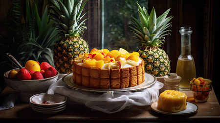 pineapples and other fruit on a table with two bowls of fruit in the middle, one bowl filled with strawberriesの素材