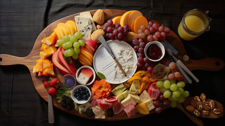 various fruits and cheeses on a wooden platt with a glass of orange juice in the background is dark woodの素材
