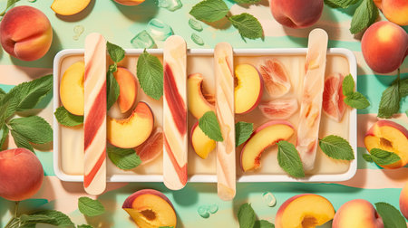 peaches and ice cream on a green surface with mint leaves around them, as seen from the top viewの素材