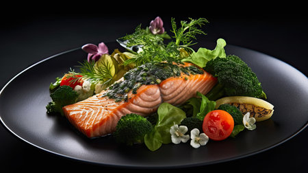 salmon and vegetables on a black plate with a forked knife in the middle to show how it is doneの素材