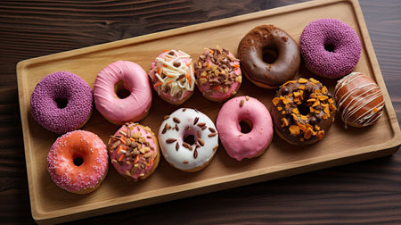 doughs and donuts on a wooden tray with chocolate frosting, sprinng, nuts, and other toppingsの素材