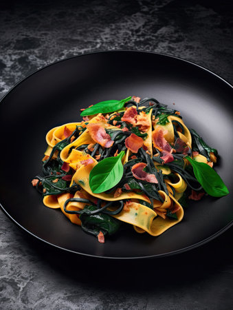 a plate of pasta with bacon, spinets and basil leaves on a dark background photo is taken from aboveの素材