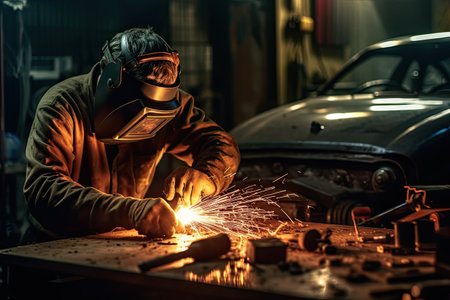 a welder working on a piece of metal in a car repair shop with sparks coming from the welding torchの素材