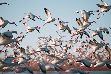 a flock of birds flying in the air with red and white ribbons around their necks as they fly over waterの素材