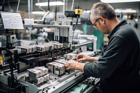 a man that is working on a machine in a factory with lots of other machines behind him and the cameraの素材