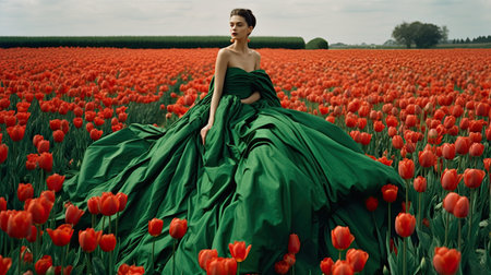 a woman in a green dress standing in a field of red tulipows and looking at the camera with her eyes closedの素材