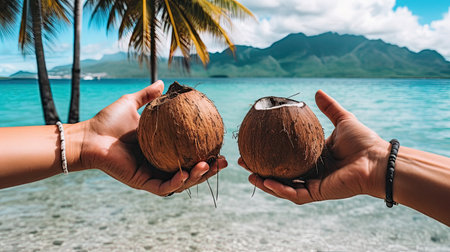 two hands holding coconuts in front of the ocean with mountains and palm trees in the photo is taken from behindの素材