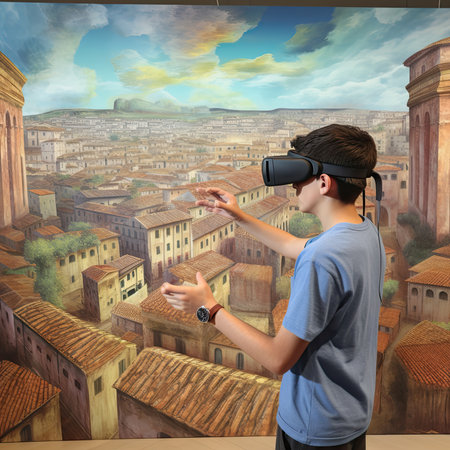 a man wearing virtual glasses in front of a cityscaing wall with an image of buildings and rooftopsの素材