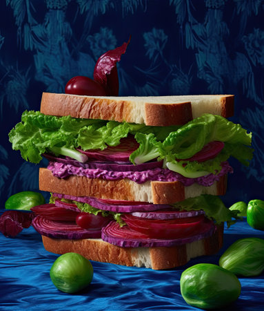a sandwich with lettue and red onions on it, surrounded by some green vegetables in the background to create an interesting imageの素材