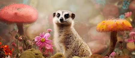 a meerkat sitting in the middle of flowers and looking up at the camera, with its eyes closedの素材