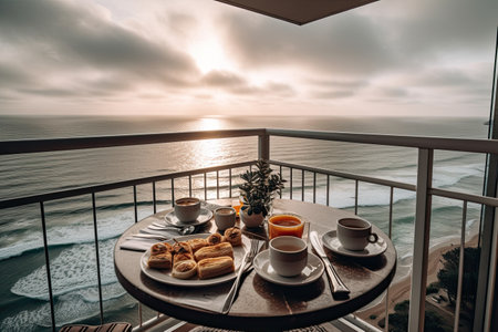 two plates of food on a table with the ocean in the background and sun shining through the clouds over the waterの素材
