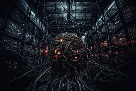 an alien head in the middle of a dark room with wires all over it and red glowing eyes on its faceの素材