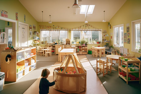 a childs play room with wooden furniture and lots of toys on the floor in front of the windowの素材