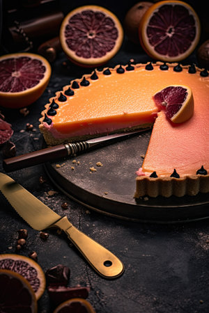 a piece of cake with blood oranges and blood red blood on the surface next to it is a knifeの素材
