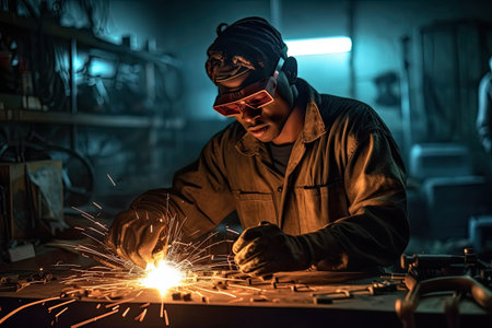 a welder working on a piece of metal in an industrial workshop with sparks coming from the welding torchsの素材
