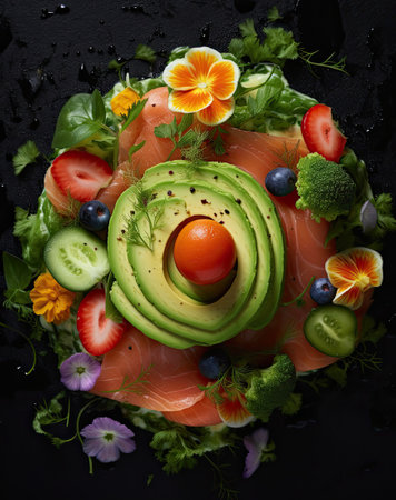 fruits and vegetables arranged in the shape of an avocal on a black surface with water droplets around itの素材