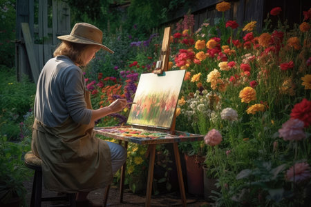 a woman sitting in front of a painting on an ease surrounded by flowers and plants, while she is holding a paintbrushの素材