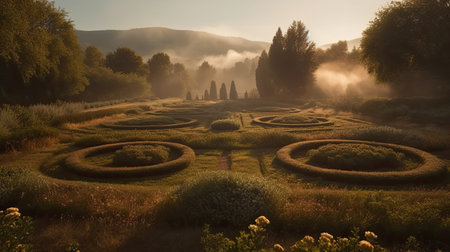 the sun shining through some trees and bushes in an open area with circular labyrinth like mazes surrounded by fogの素材