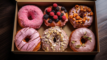 doughs in a box on a wooden table with various toppings, including nuts, berries, and chocolateの素材
