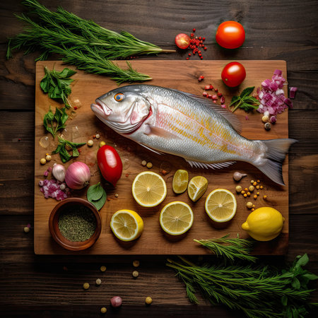 a fish on a cutting board with lemons, tomatoes, onions, and other food items around the frameの素材