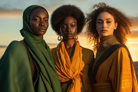 three women standing next to each other woman who are both wearing scarles and scarles, all wrapped around their necksの素材