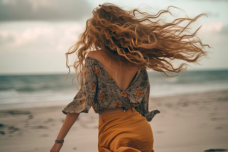a woman walking on the beach with her hair blowing in the wind while she is wearing a floral print topの素材