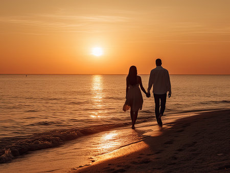 two people walking on the beach at sunset time, while the sun is setting over the water and they are holding handsの素材