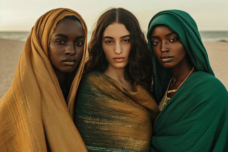 three women in green and gold clothing standing on the beach with their arms around each other womens shouldersの素材