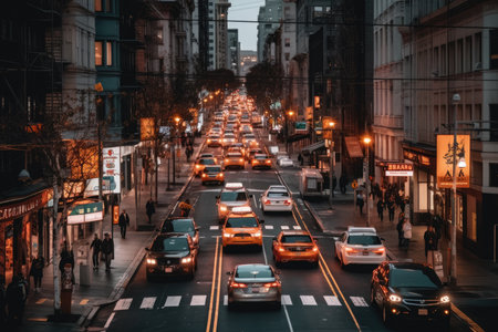 a city street at night with cars driving down the road and people walking on the sidewalk in front of buildingsの素材