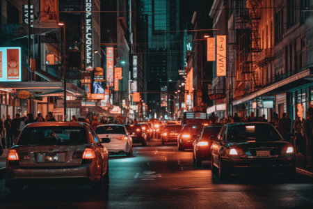 cars driving down the street at night with people walking on the sidewalk and buildings in the back ground behind themの素材