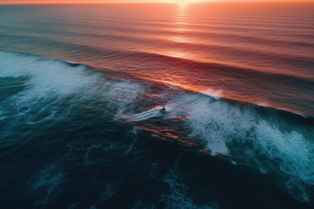 the sun setting over the ocean with a surfer on his surfboard in the middle of the wave, as seen from aboveの素材