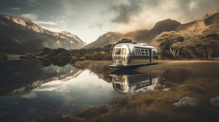 an rv parked on the side of a lake with mountains in the background and cloudy skies reflecting in the waterの素材
