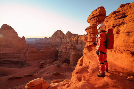 a person standing on the edge of a cliff looking out into the distance from another man who is wearing a helmetの素材