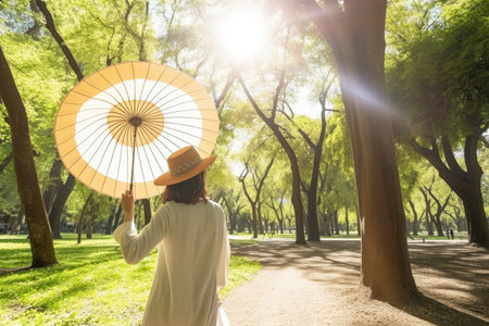 a person walking in the park holding an umbrella and looking up at the sun shining through the trees behind themの素材
