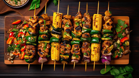 grilled chicken and vegetables on sked up with toothpics, peppers, onions, corn, bellis, basil leavesの素材