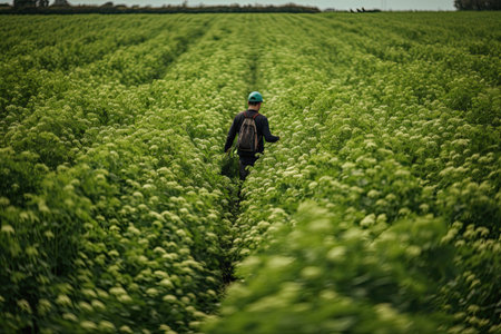 a person walking through a field with tall green plants in the foregro area, south koreas central regionの素材