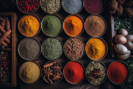 spices and herbs in bowls on a wooden table with an assortment of different types of spices, including tumの素材