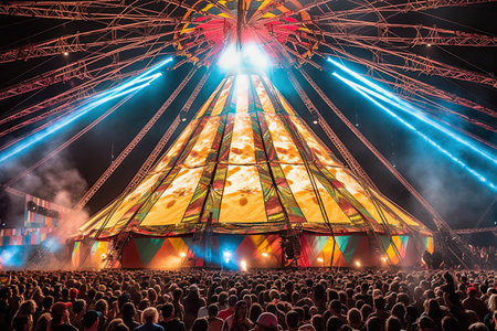 a large crowd at a music festival with lights on the stage and people standing in front of an elaborate structureの素材