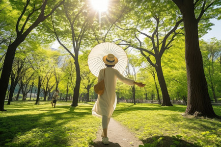 a woman walking in the park holding an umbrella and looking up at the sun shining through the trees behind herの素材