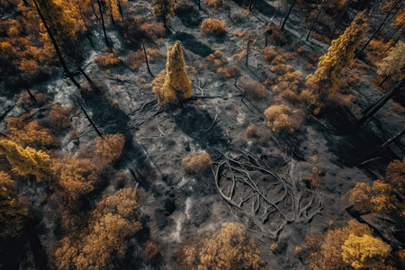 trees in the middle of a forest filled with burnt orange leaves and dead branches that have been burned by fireの素材