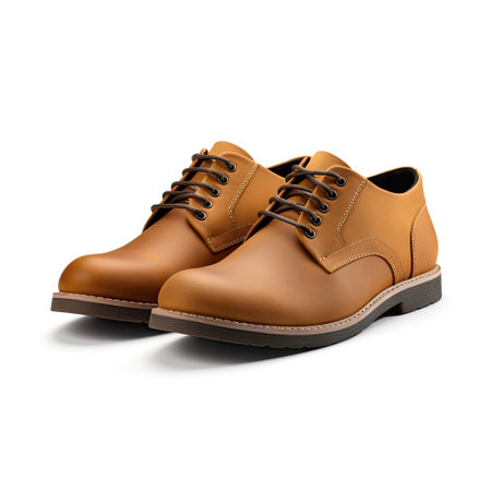 a pair of tan leather shoes with brown laces on the sole and black rubber outs, against a white backgroundの素材