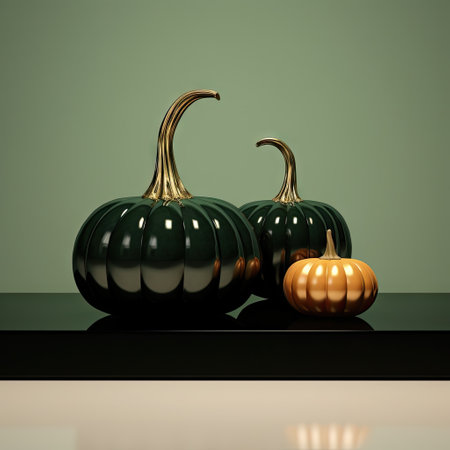 two black and gold pumpkins sitting on a table with a green wall in the image is taken from aboveの素材
