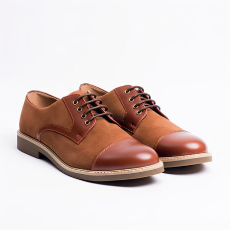 a pair of brown leather shoes with laces on the toes and soles, against white background stock photoの素材