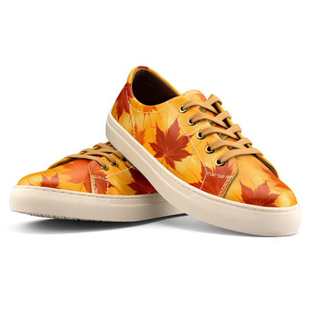 a pair of yellow sneakers with autumn leaves on the bottom and white soles, all overlaided togetherの素材