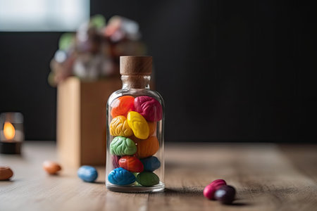 colorful easter eggs in a glass jar on a wooden table next to a lit candle and some chocolate candisの素材