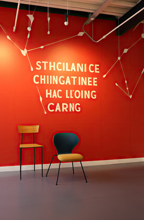 a chair in front of a red wall with white letters that readsilence calling carswritten on itの素材