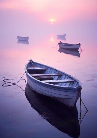 two boats floating in the water at sunset, one boat is white and the other is blue with pink huesの素材