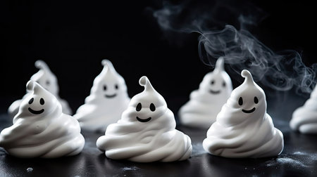white ghosts with smoke coming out from their mouths on a black background halloween food, halloween desserts, halloween recipes, halloween treatsの素材
