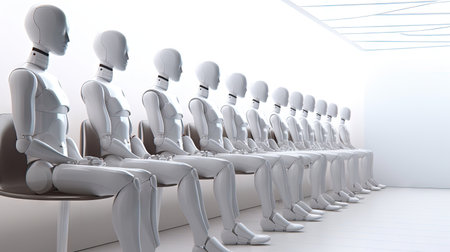 a group of white manns sitting in a row and facing to the right 3d rendering, person, human body, waiting roomの素材